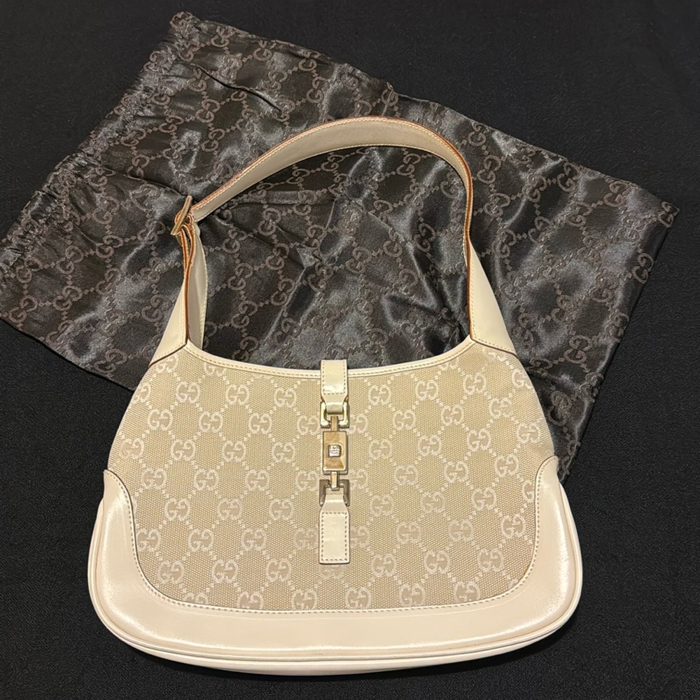 Vintage Gucci Jackie 1961 Cream Canvas Monogram Leather Shoulder Bag